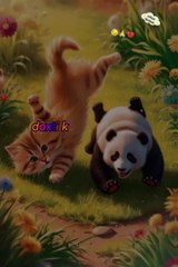 Friendship of little cat and panda