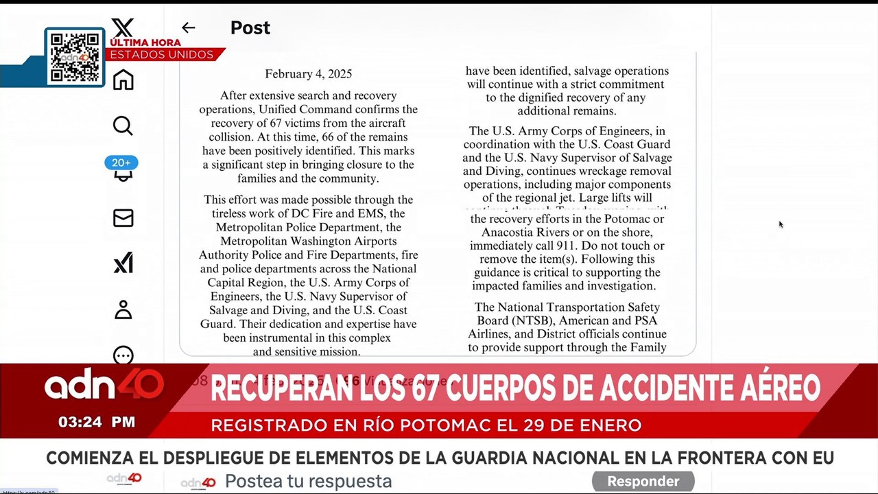 🚨¡Última Hora! Recuperan los 67 cuerpos del accidente aéreo cerca del Río Potomac en Washington