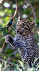 A Leopard Cub playing with a Hummingbird