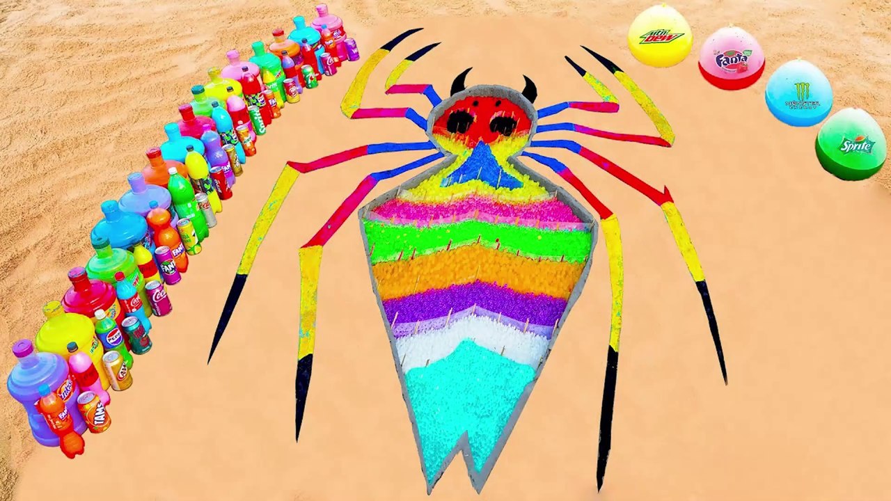 Creating a Rainbow Spider with Orbeez, Monster Balloons, Fanta, Big Coca Cola, and Mentos