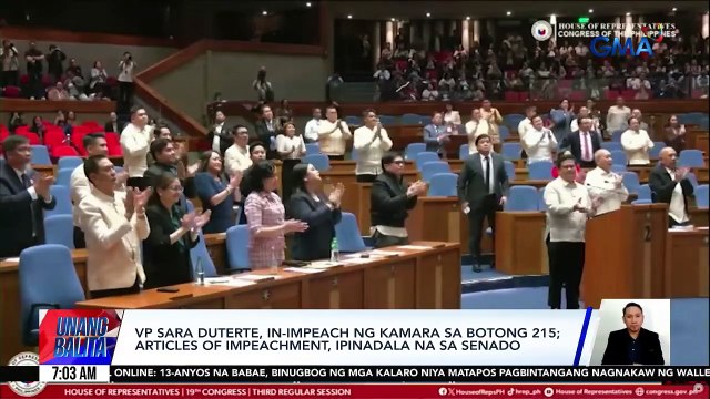 VP Sara Duterte, in-impeach ng Kamara sa botong 215; articles of impeachment, ipinadala na sa Senado | Unang Balita