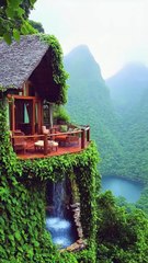 Cliffside Cabin with Lush Greenery.