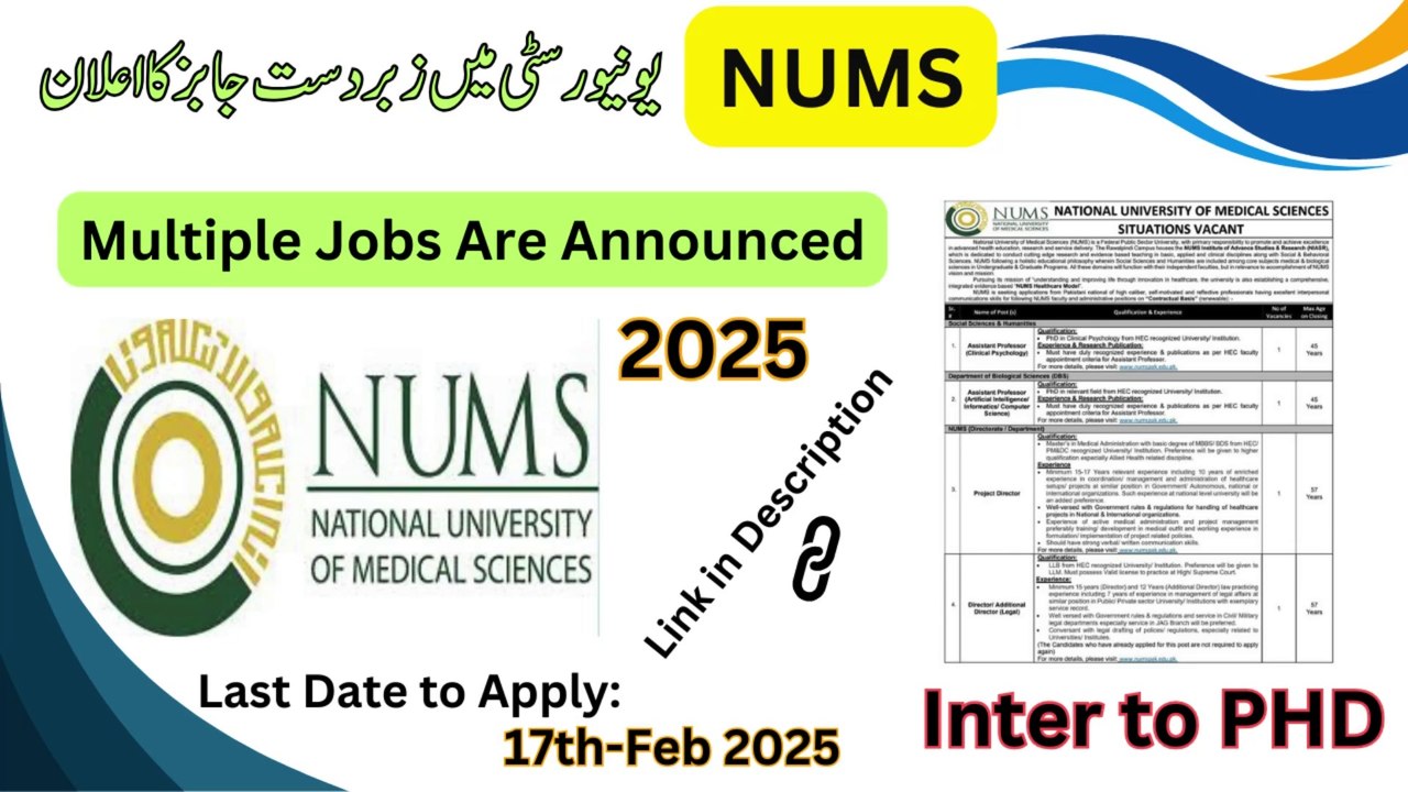 NUMS 2025 Jobs | National University of Medical Science | Punjab Jobs Update