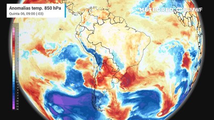 Previsão de anomalias de temperatura em 850 hPa até Sábado (08).