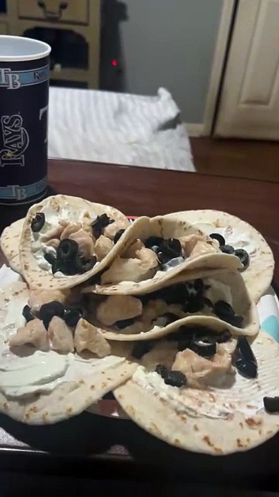 February 6, 2025 for dinner I made my fully loaded chicken tacos  extra sour cream, extra chicken, extra black owls ￼￼