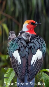 Mother Bird Shields Her Chicks from the Rain