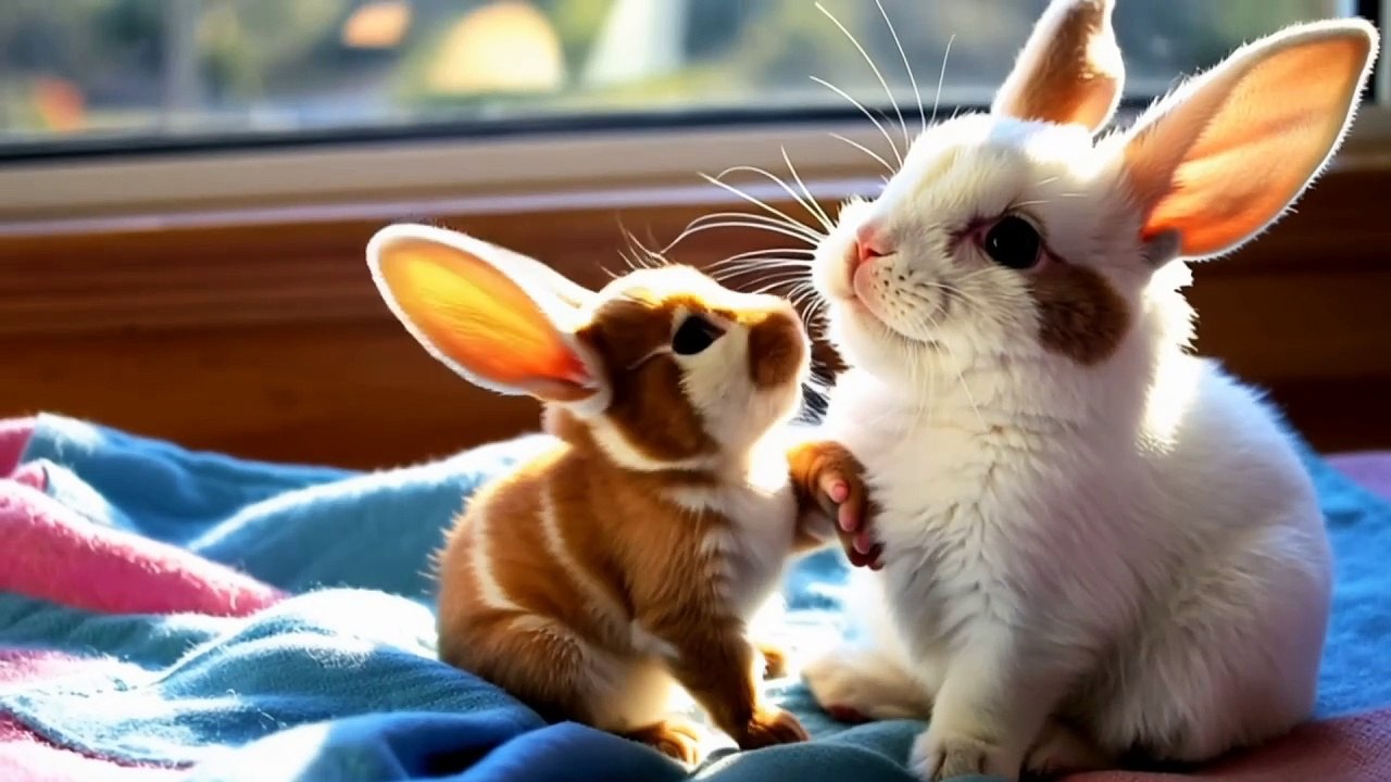 Cute baby playing with rabbits and Animals