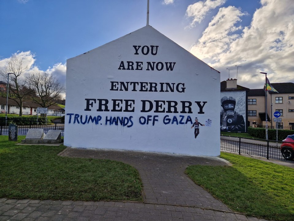 'Trump Hands Off Gaza' at Free Derry Wall