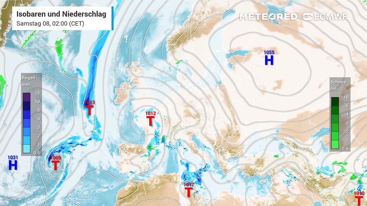 Tief Lenni scheitert an Hoch Elvira. Im Mittelmeerraum regnet es heftig, in Deutschland kommt Lenni nur mit karger Bewölkung an...