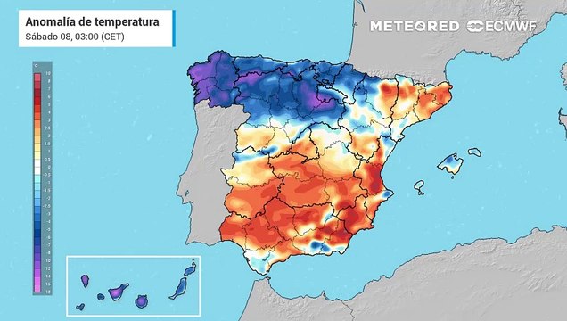 Anomalías de temperatura en superficie previstas para las próximas horas