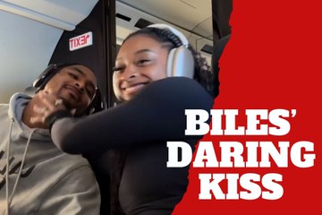 Very daring kiss! Jonathan Owen dares with a sensual kiss that makes Simone Biles blush in an airplane