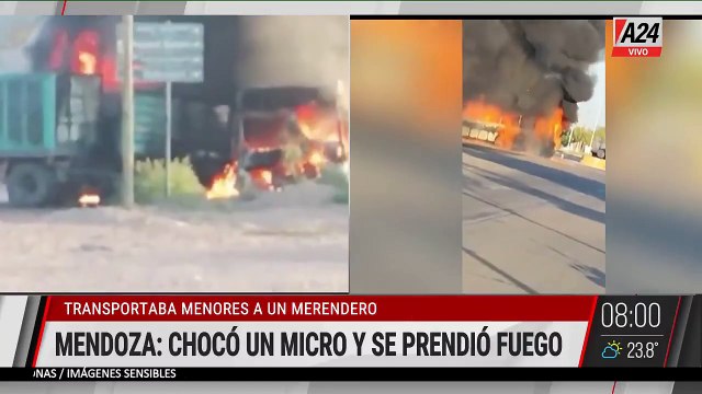 A24.com - 🔴 MENDOZA： CHOCÓ UN MICRO Y SE PRENDIÓ FUEGO Transportaba menores a un merendero.