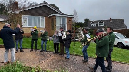 Crediton Town Band playing ‘To be a Farmer’s Boy’ for Reg Nott on his 100th birthday, video Alan Quick IMG_3502