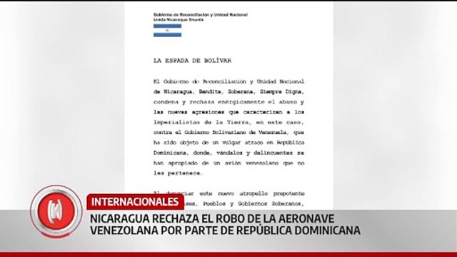 Nicaragua se solidariza con Venezuela tras robo de aeronave por parte de República Dominicana y EE. UU.