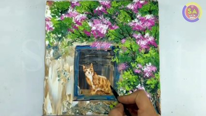 The cat in the window/ acrylic painting/for beginners step by step