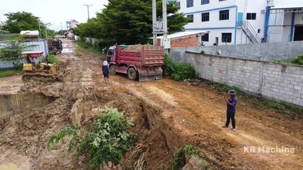 Wonderful Start New Project!! Strong Bulldozer Pushing Stone Filling Canal Landslide _ 5ton Truck
