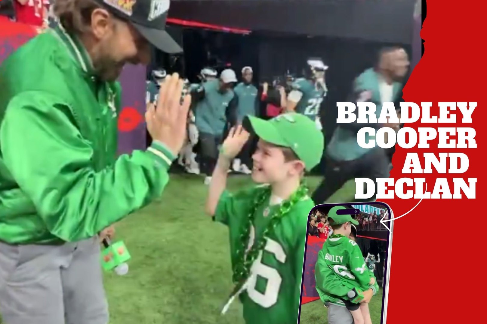 Such a cute moment! Bradley Cooper and superfan DeclanLebaron, announce the Eagles at Super Bowl LIX