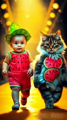 A cute little baby and his friend cat walking