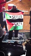 Un figurant brandit un drapeau durant le Super Bowl