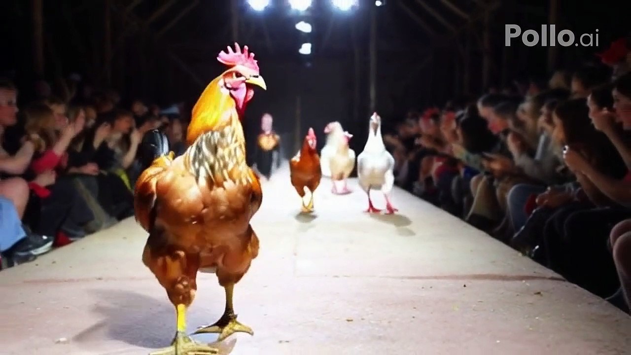 Text to video 丨 Chickens strutting down the runway in stylish outfits, showcasin...