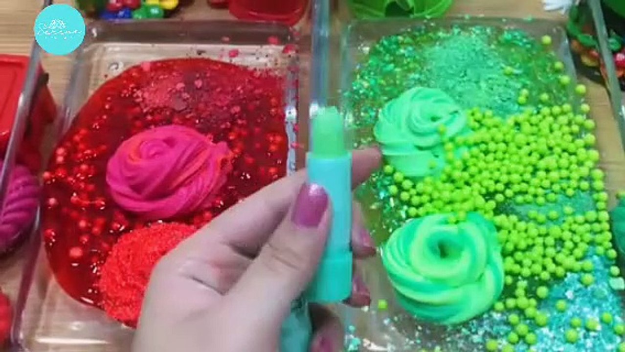 ASMR Slime: Red vs Green Color Challenge! (Makeup & Glitter)