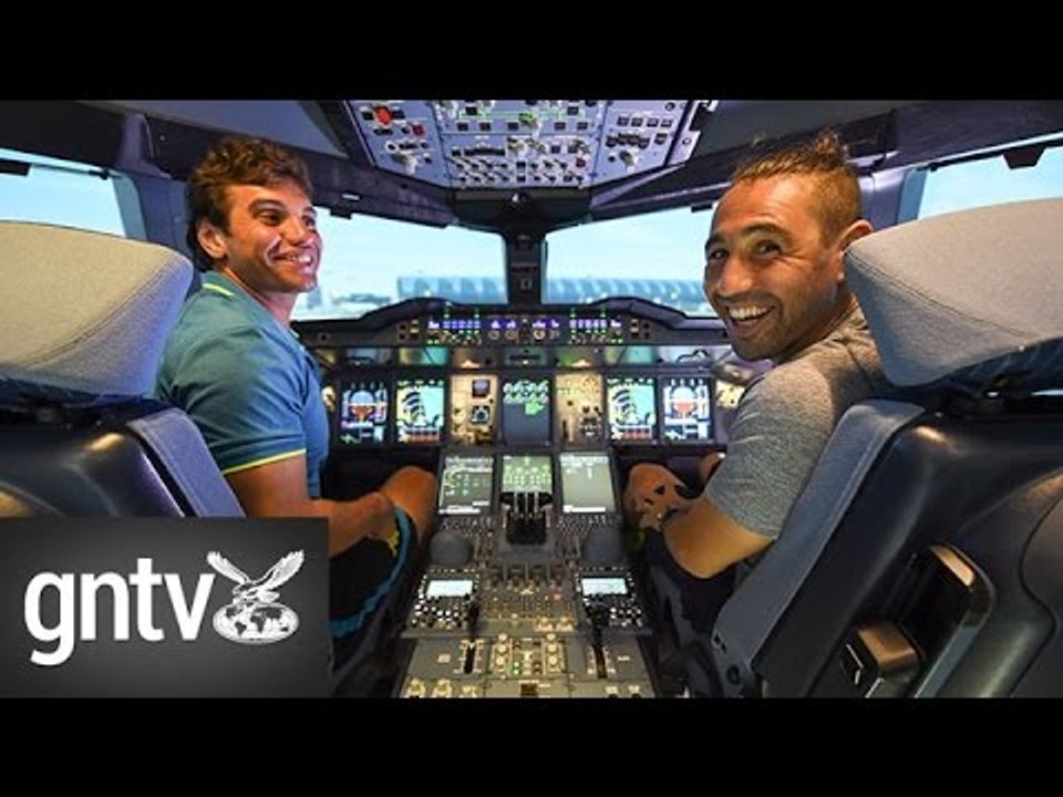 Tennis players Marcos Baghdatis and Malek Jaziri fly an Emirates A380 in Dubai skies