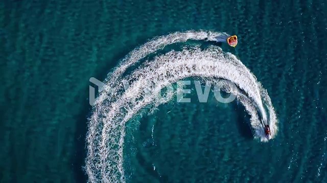Birds eye view of a speed boat in the middle of the Mediterranean Sea