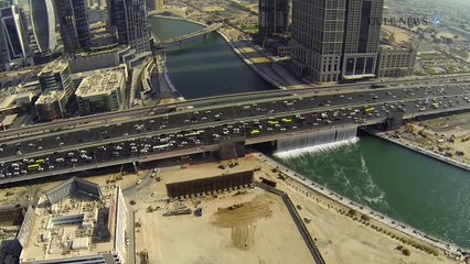 Aerial footage of Dubai Canal waterfall testing