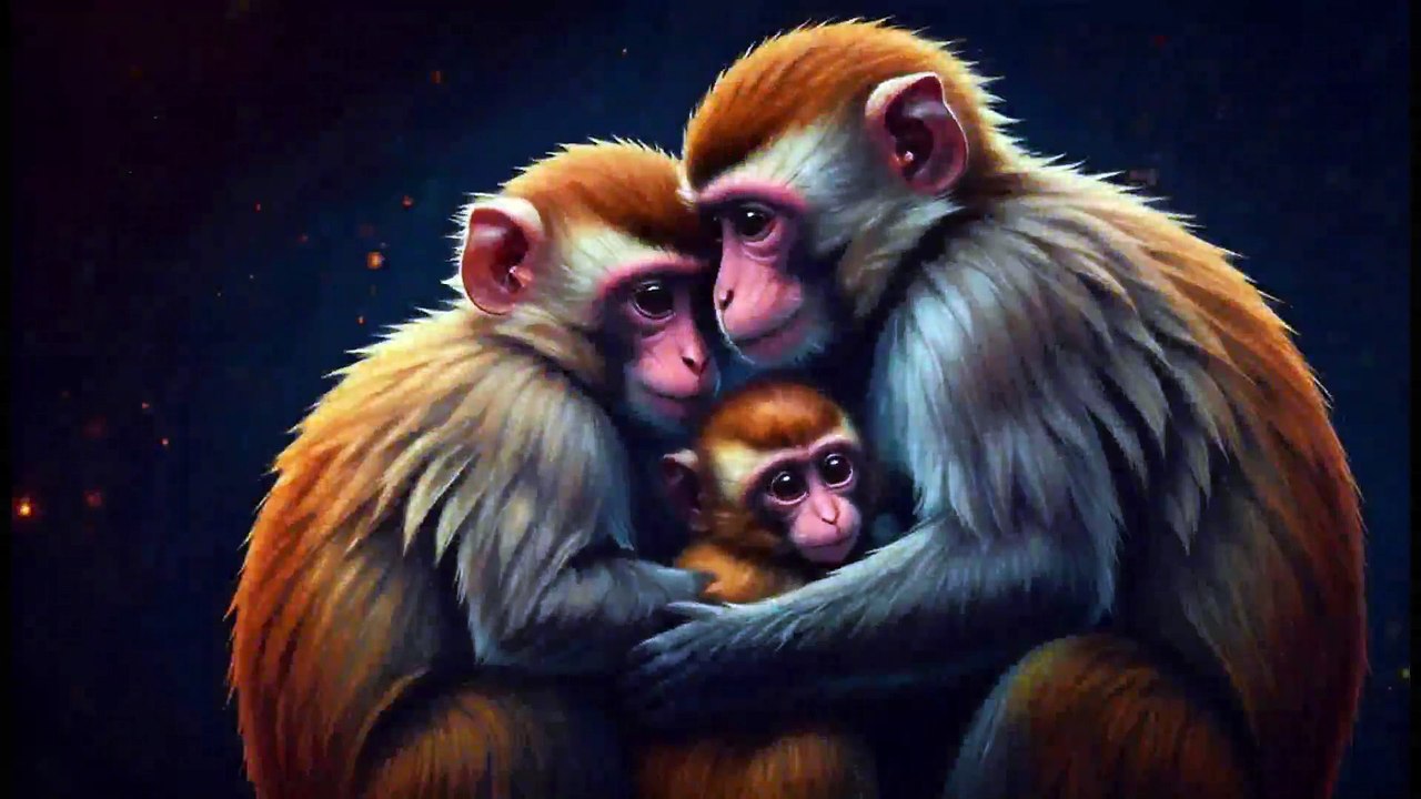Monkey Family At Forest