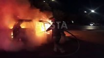 Consume incendio camioneta en Santa Catarina; familia se salva