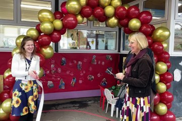 Cutting the ribbon at the grand opening of Early Worlies Nursery (Will Goddard, Crediton Courier)