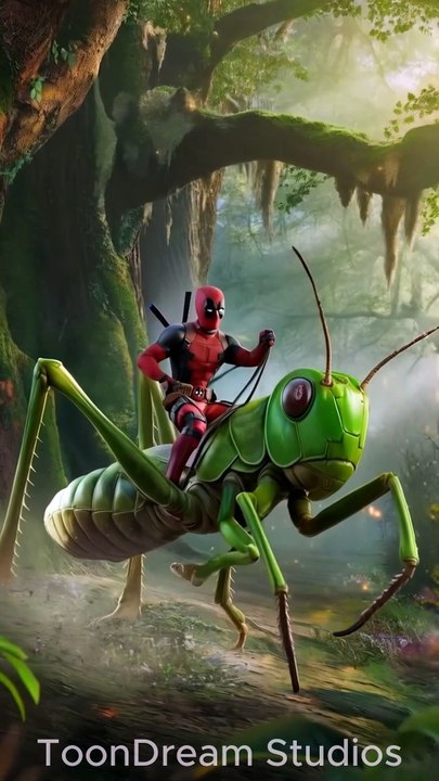Deadpool Rides a Giant Mantis Through a Magical Forest! 🦗💥