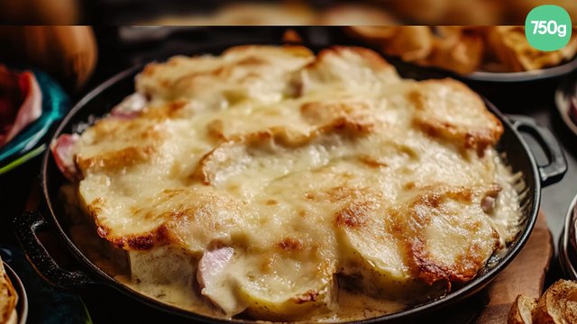 Gratin de pommes de terre, oignons, blanc de poulet et raclette
