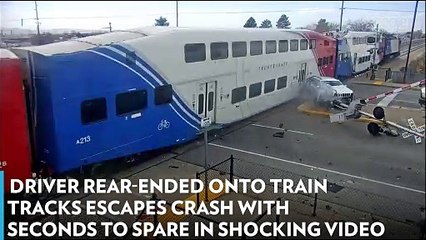 Driver Rear-Ended onto Train Tracks Escapes Crash with Seconds to Spare in Shocking Video