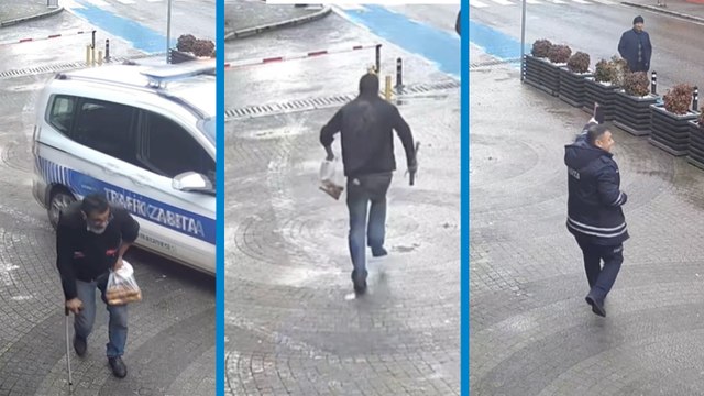 Koltuk değneğiyle sakat rolü yapan dilencinin, zabıtayı görünce koşarak kaçması kamerada