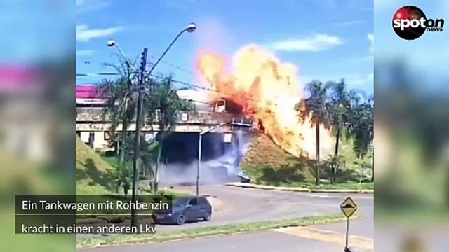 Tankwagen rast in Lkw und geht in Flammen auf