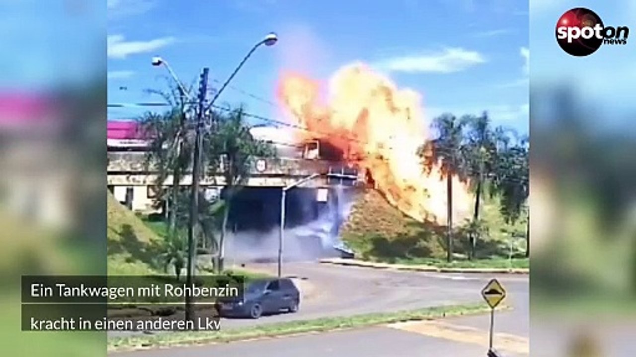 Tankwagen rast in Lkw und geht in Flammen auf