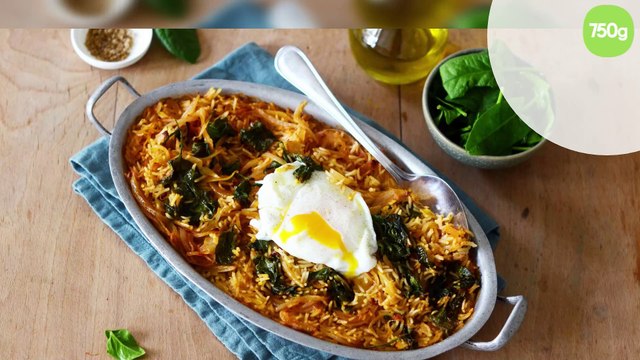 Riz au four, safran, épinards et oeuf