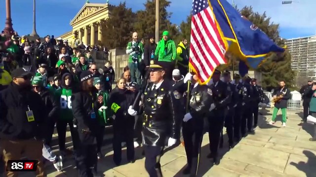 National anthem saxophone performance lights up the Rocky Steps at Eagles Super Bowl Parade