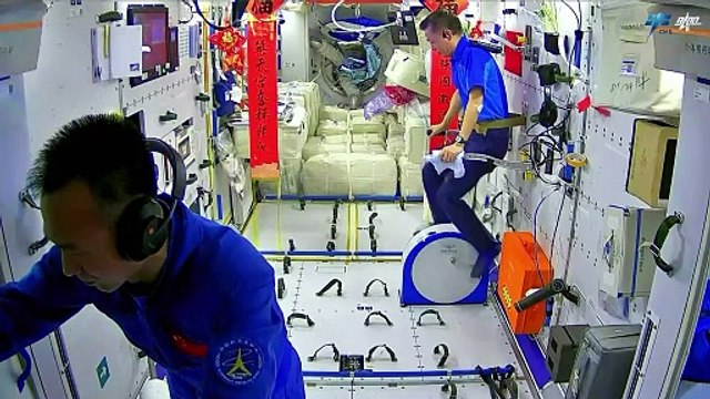 Chinese Astronauts Working Out On Tiangong Space Station
