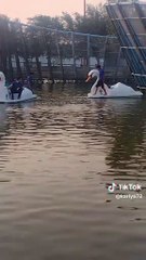 ¿No es hondo? Jóvenes se atascan en bote de lago en Fundidora (VIDEO)