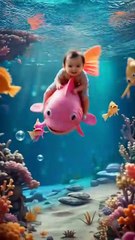 Baby joyfully riding a cheerful pink fish
