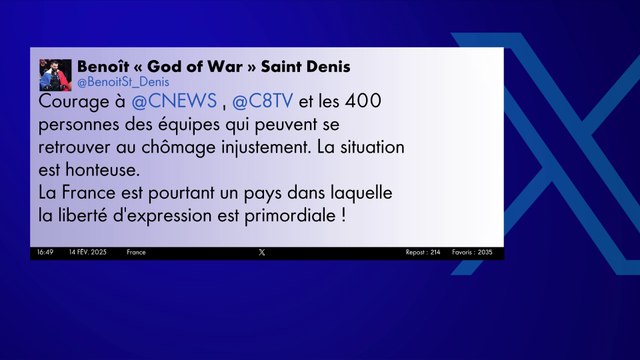 Benoît Saint Denis apporte son soutien à C8 et CNEWS