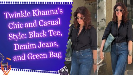 Twinkle Khanna’s Chic and Casual Style: Black Tee, Denim Jeans, and Green Bag