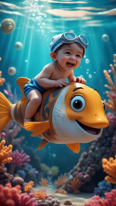 adorable baby a  swimming cap and goggles joyfully rides a large #baby #happy #riding #purple #fish #viral #fyp #trending #foryou