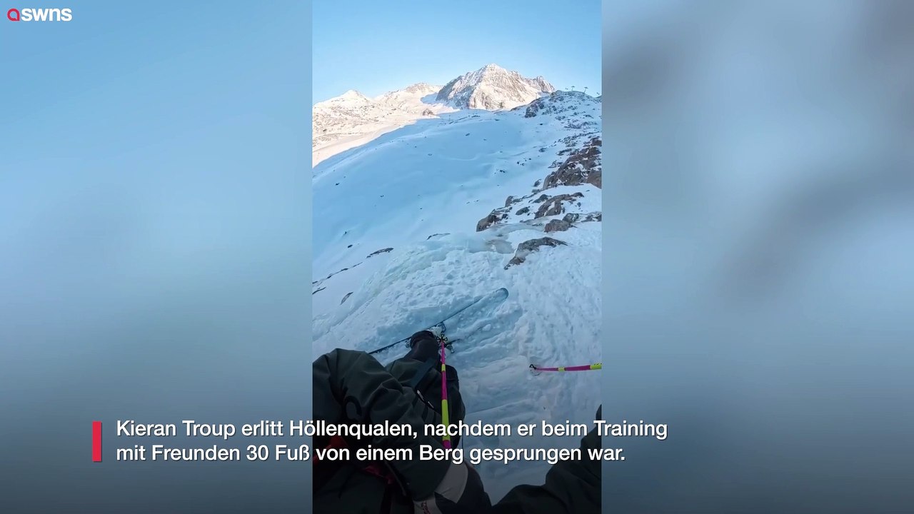 Moment, in dem sich ein Profi-Skifahrer bei einem Sturz von einer Klippe einen Bänderriss zuzieht