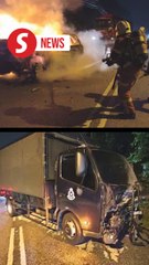 Car catches fire after crash with police truck in Kapar; driver injured