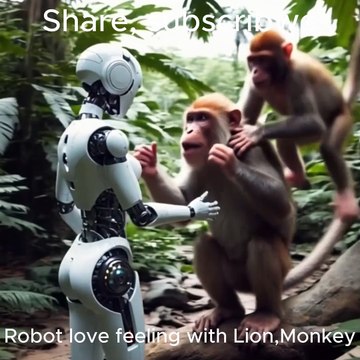 robot love with animals, lion, monkey, robot interactive feeling with animals