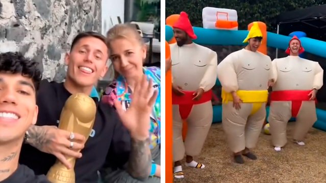 América: Kevin Álvarez, Búfalo Aguirre y Brian Rodríguez celebran con botargas de sumo