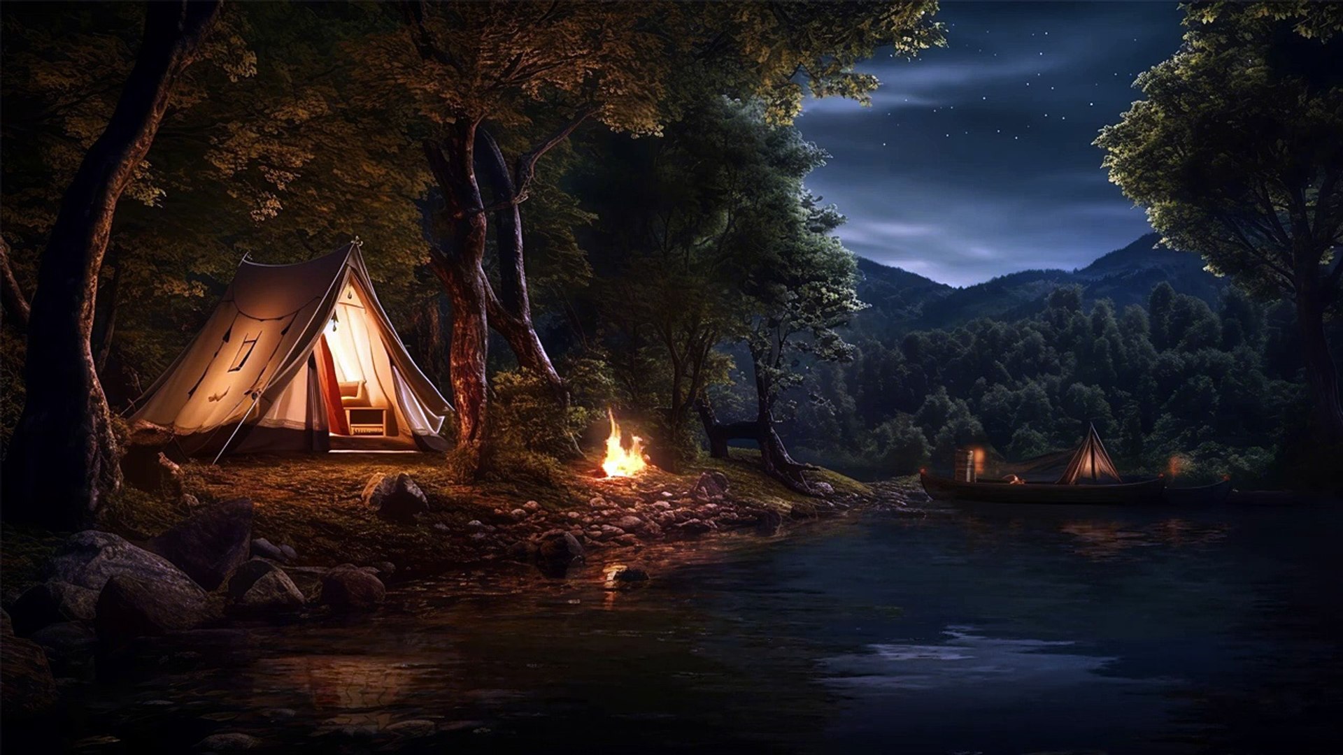 ⁣Campfire by the River - Relaxing Fireplace & Nature Sounds - 4K 🌳🌊🔥